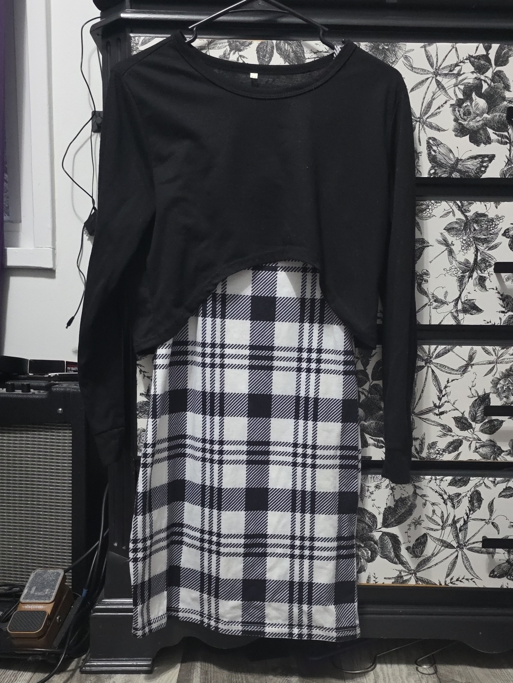 Black Cropped Top Over Black & White Plaid Dress